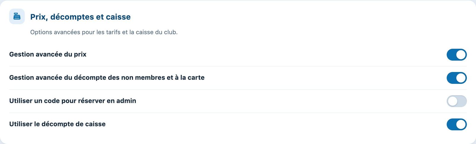 Carte Prix, décomptes et caisse