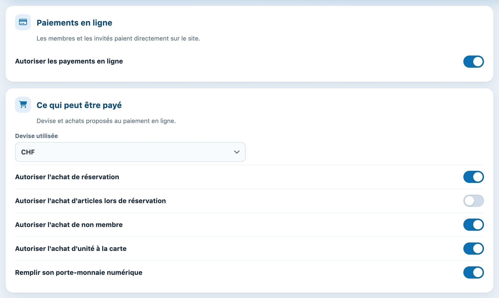 Activation des paiements en ligne et choix des achats