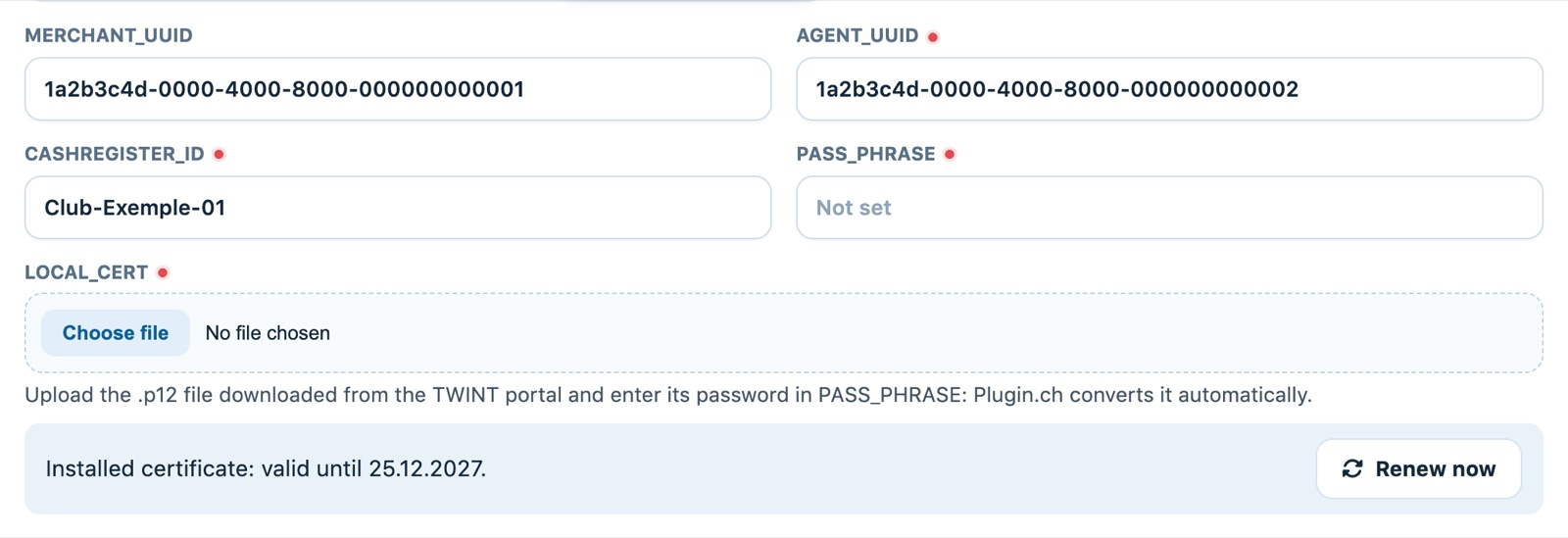 TWINT tab with the certificate validity