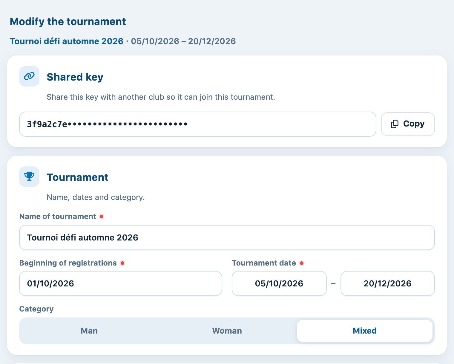 Modify the tournament panel with the shared key