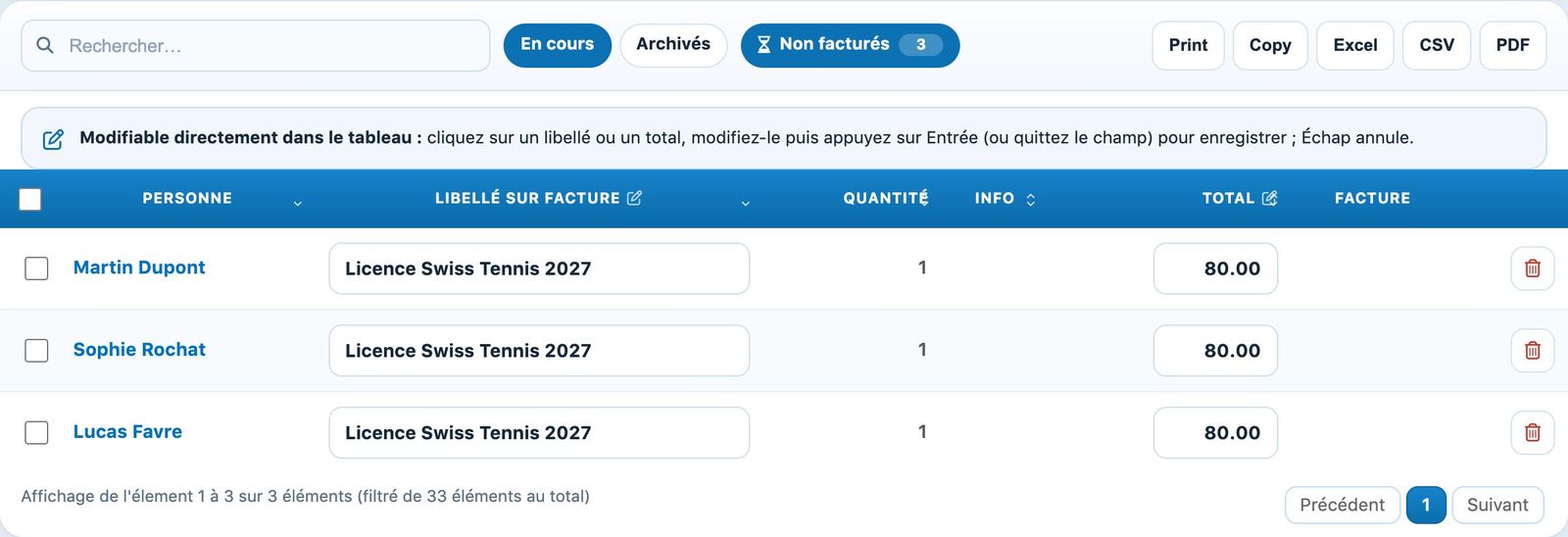 Les articles liés pas encore facturés