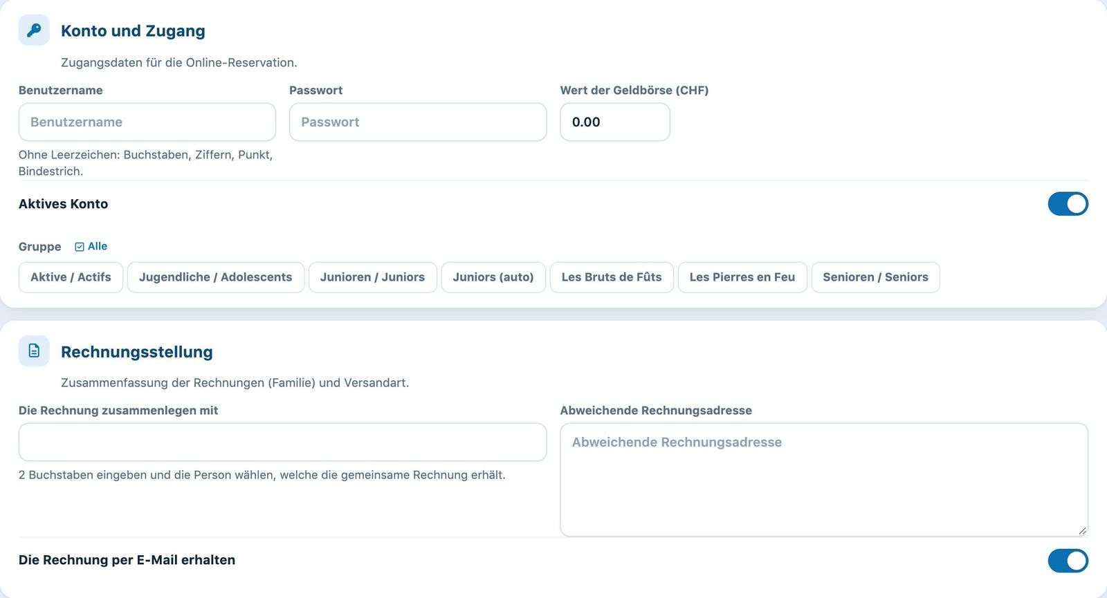 Die Abschnitte Konto und Zugang sowie Verrechnung