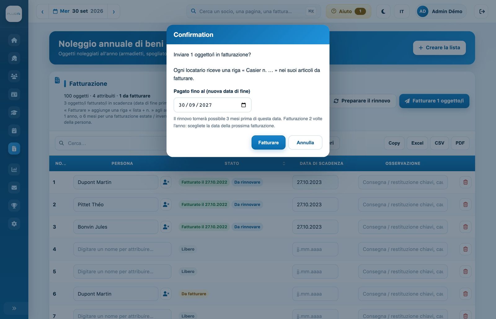 Conferma della fatturazione con la nuova data di fine