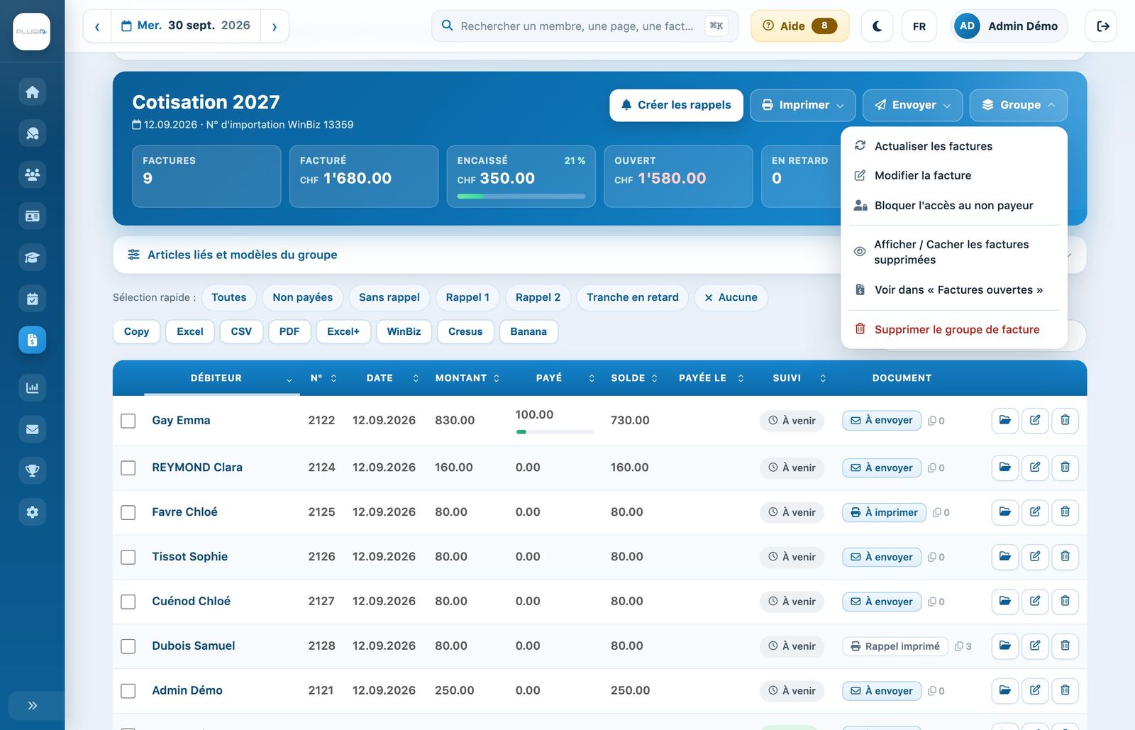 « Actualiser les factures » dans le menu « Groupe »