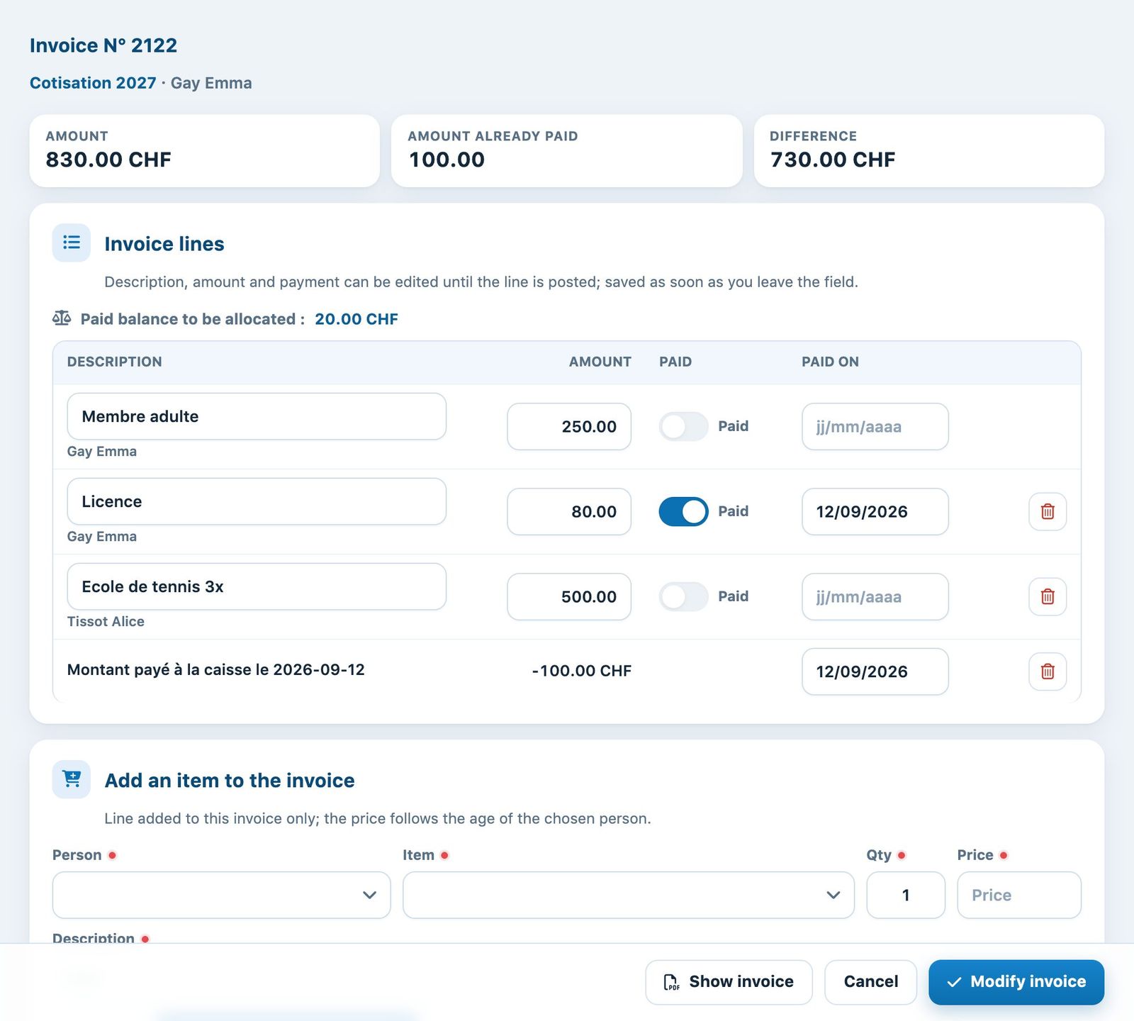 The invoice edit window