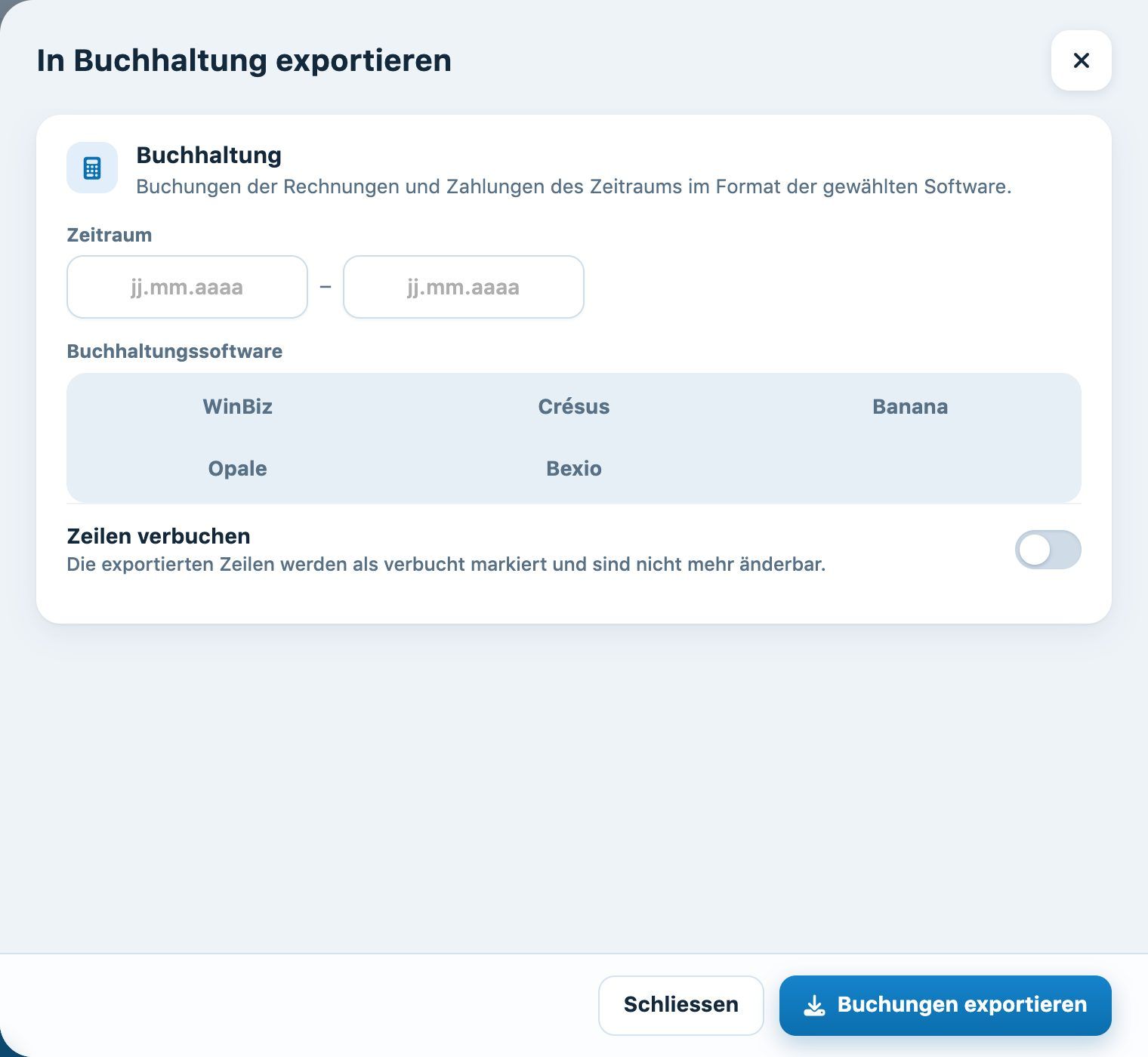 Das Panel «In Buchhaltung exportieren»
