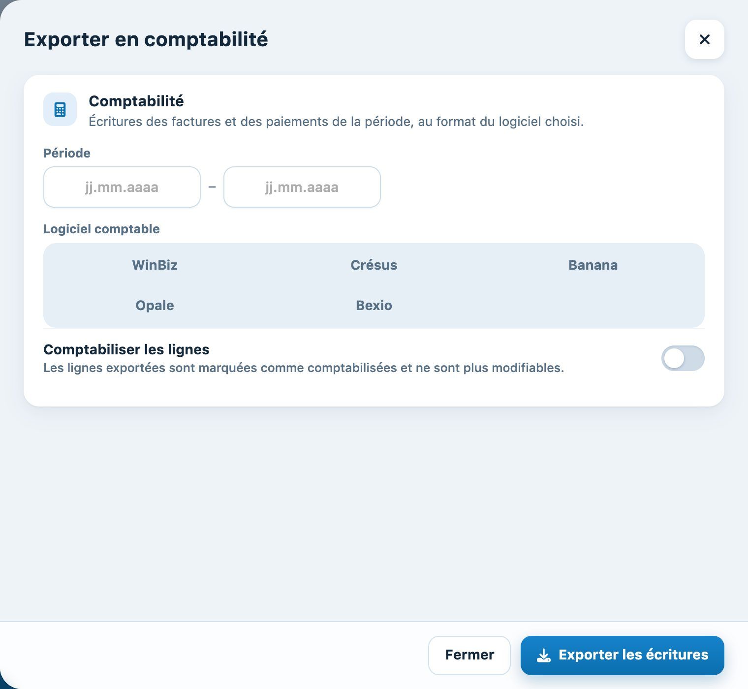 Le panneau « Exporter en comptabilité »