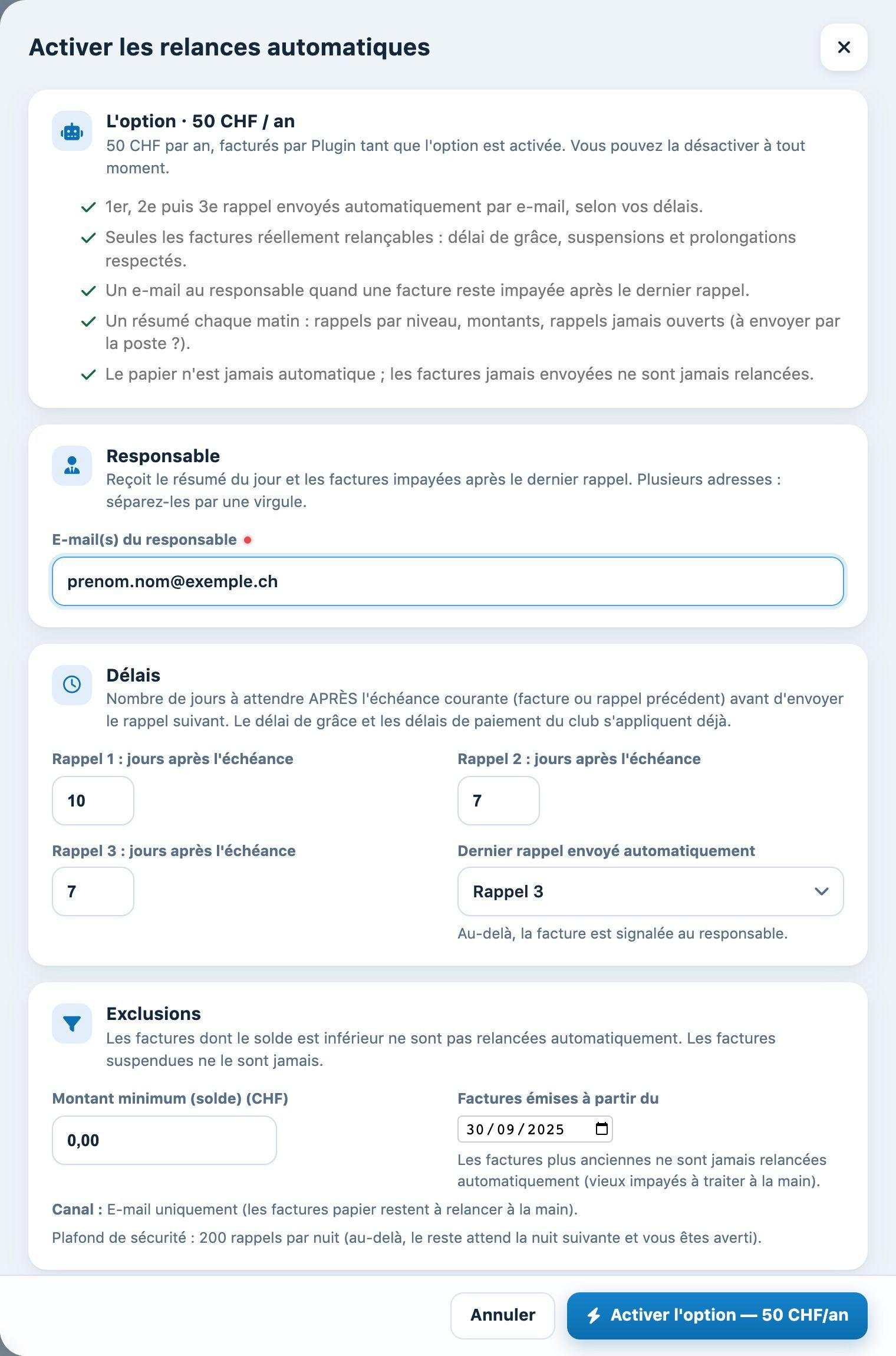 Le panneau d'activation des relances automatiques