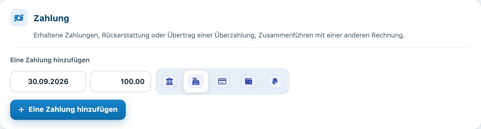 Eine an der Kasse erhaltene Zahlung von 100.00 hinzufügen
