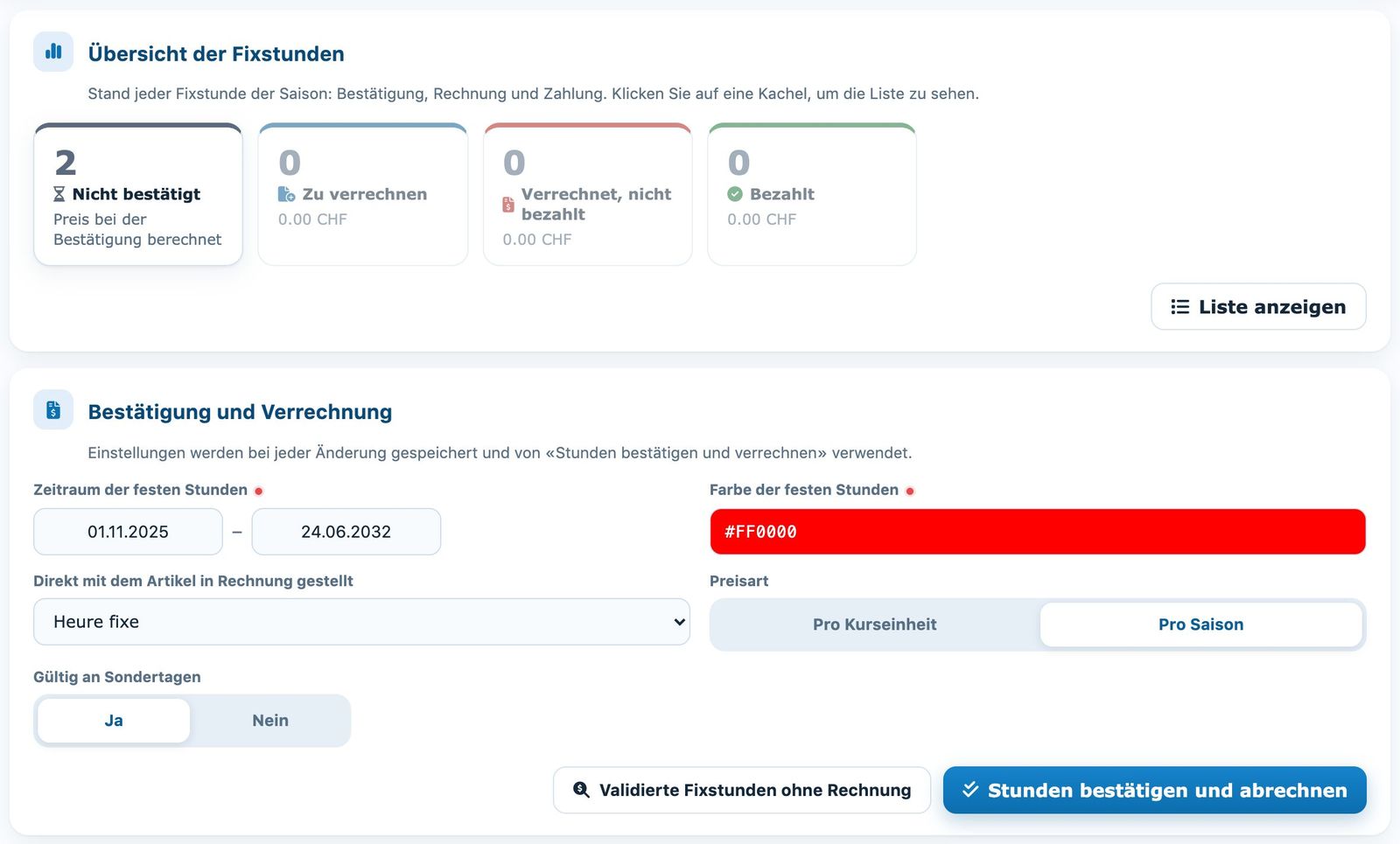 Übersicht der Fixstunden und Bestätigungseinstellungen