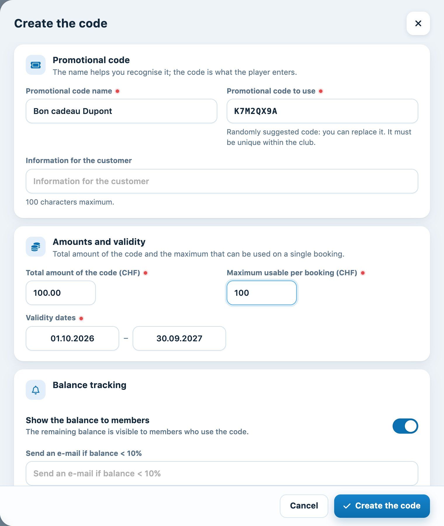 Panel for creating a promotional code