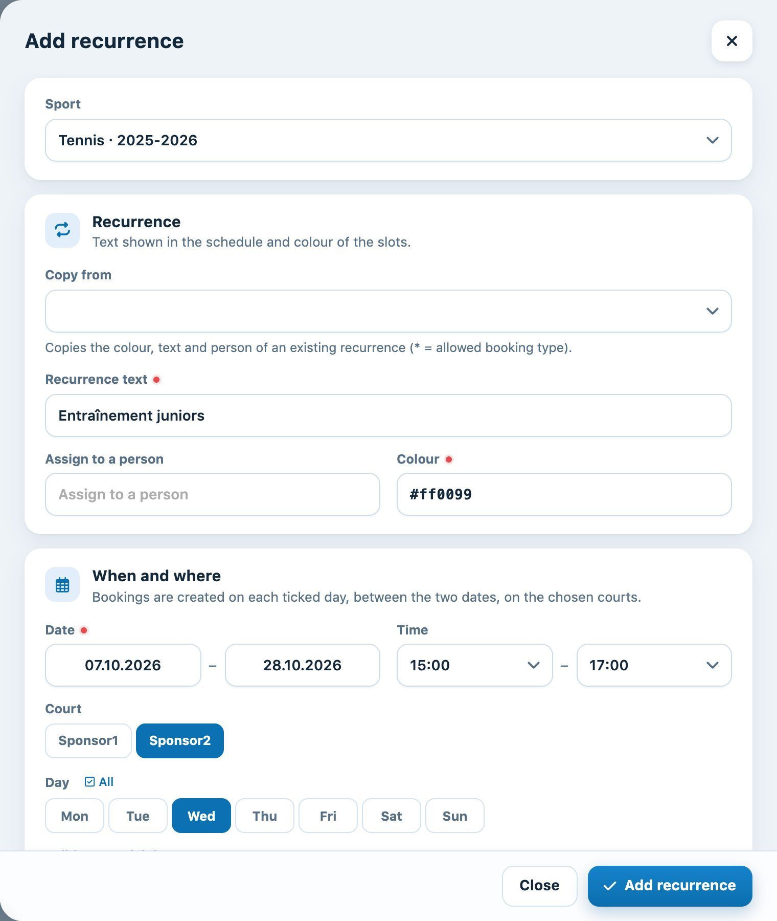 Completed Add recurrence panel