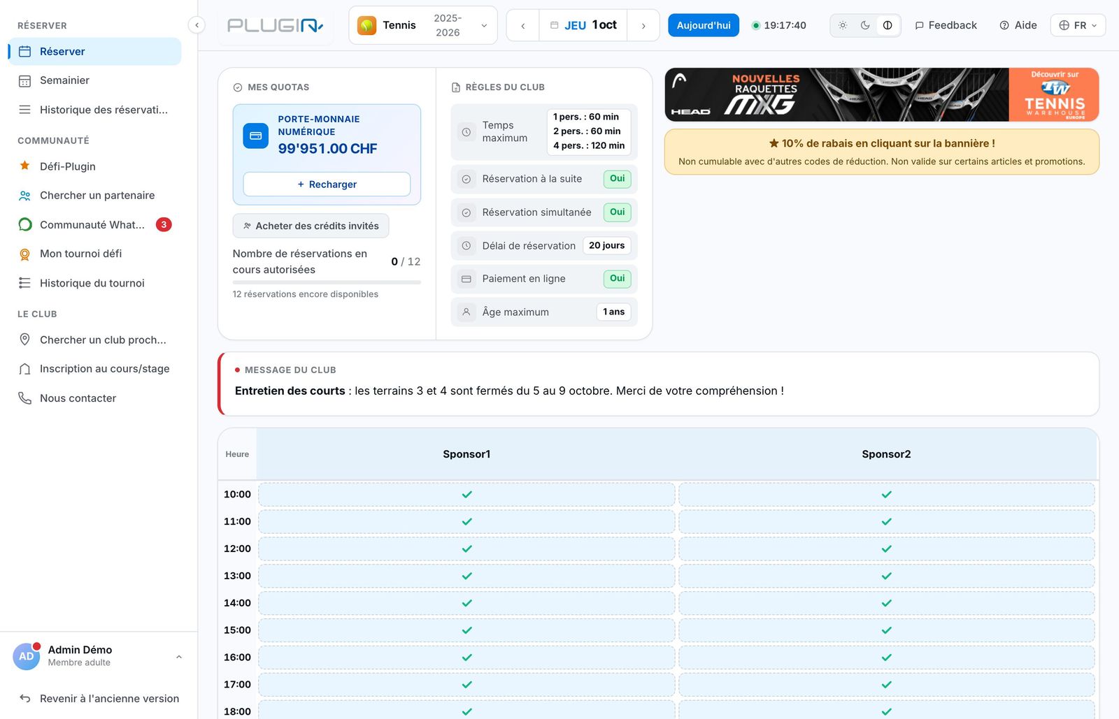 La page Réserver d'un membre connecté