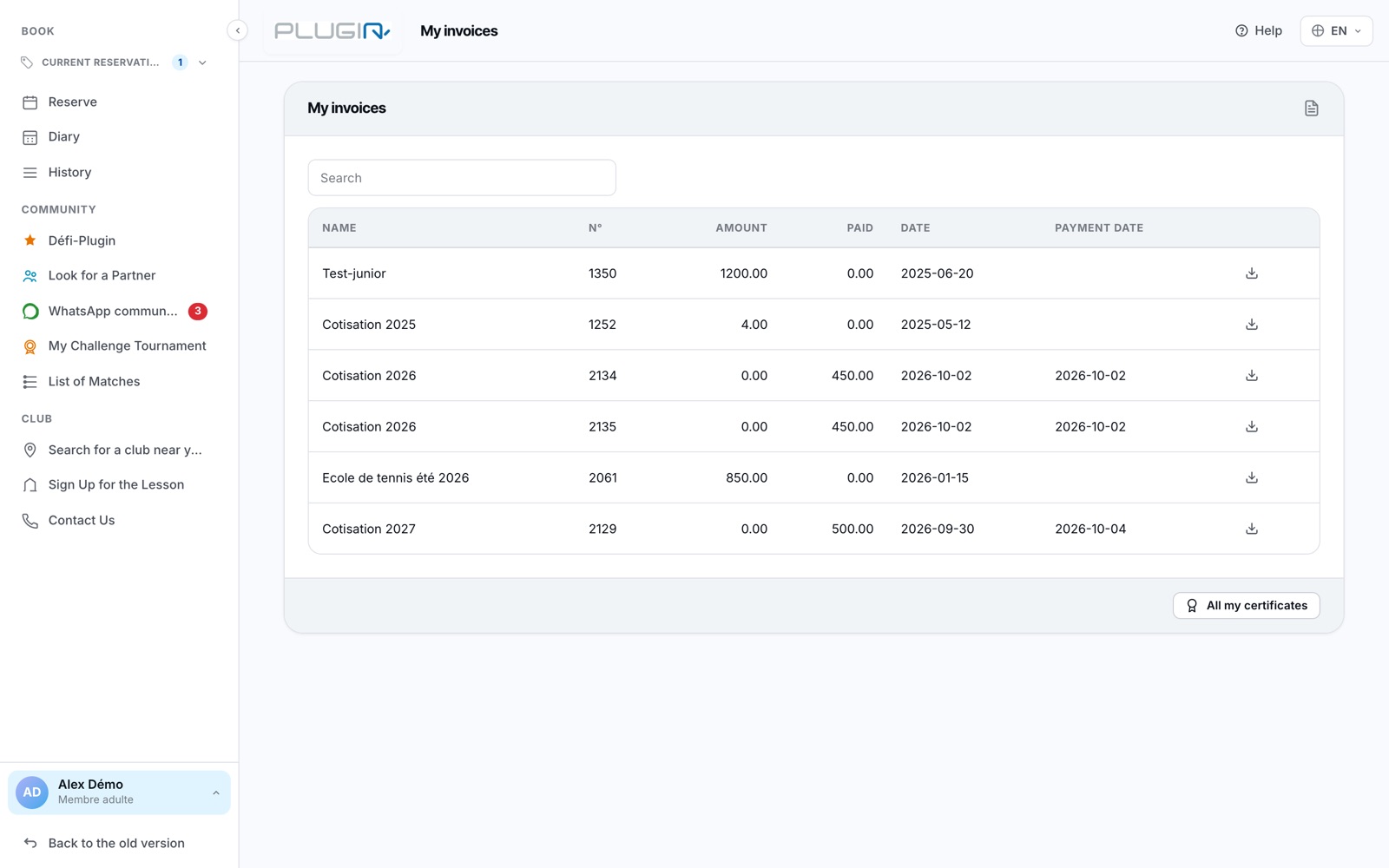 The My invoices page